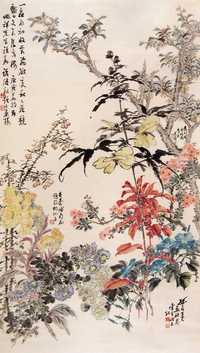 诸健秋 陈旧村等 庚寅（1950年）作 花卉 立轴